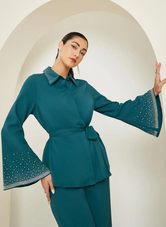 Teal Embellished Shirt and Trousers Co-Ords